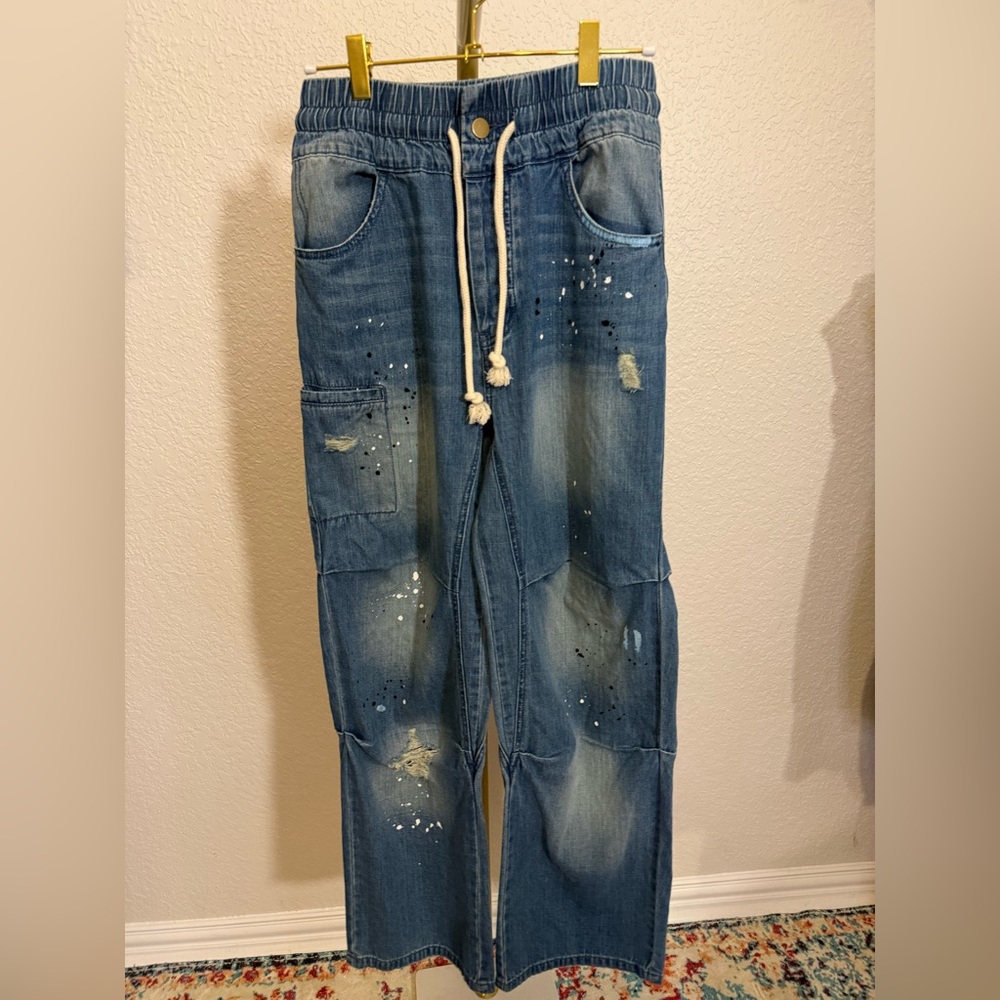 Easel Denim Barrel with White Paint Splatter  (B7)